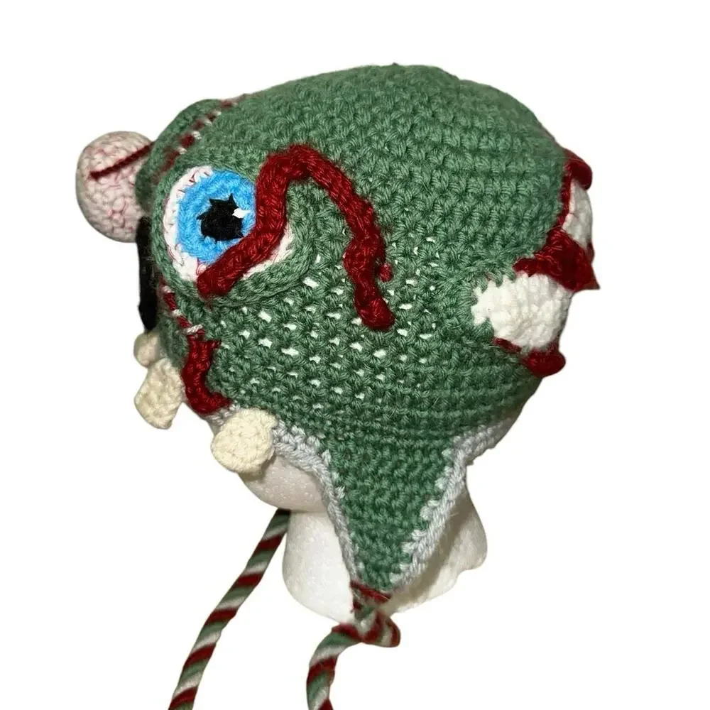 Laurel & Honey Crochet Zombie Beanie Earflap Hat Handmade Monster Cap